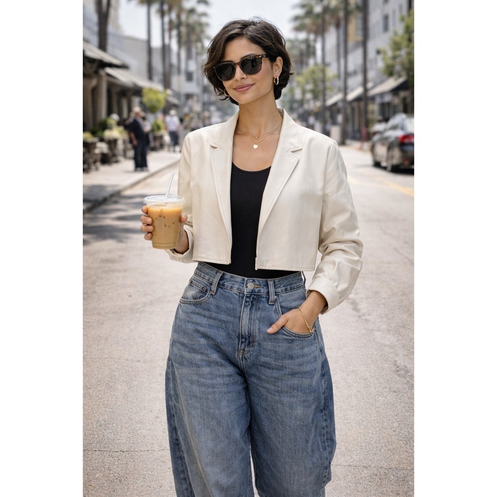 BLACK AND WHITE‎ Washed White Cropped Faux Leather Blazer Jacket Medium